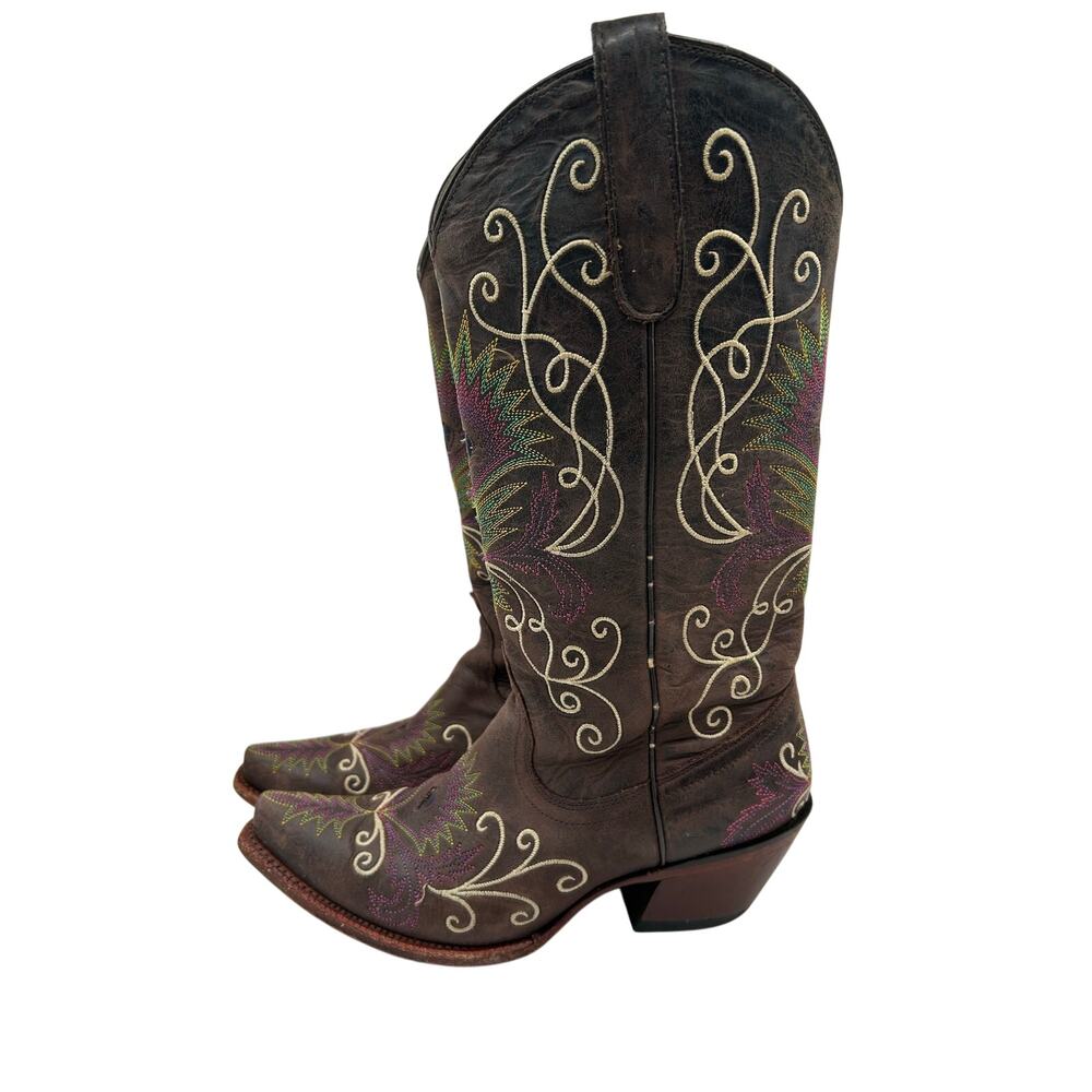 Tony Lama Women's Espresso  Western leather cowgirl boots peacock feather SZ 8 - Picture 6 of 9